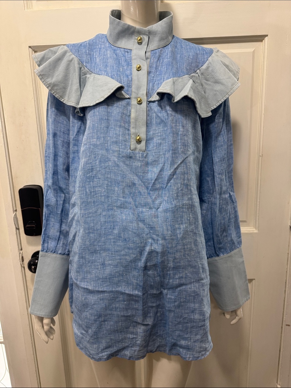 Tuckernuck 100% Linen Blue Ruffle-Yoke Button Front Long Sleeve Blouse SZ. XXXL